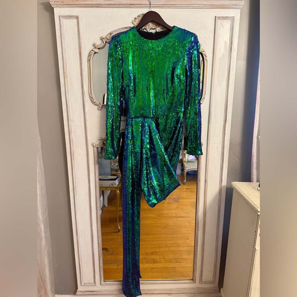 NADINE MERABI Emerald and Teal Sequin Long Sleeve Dress